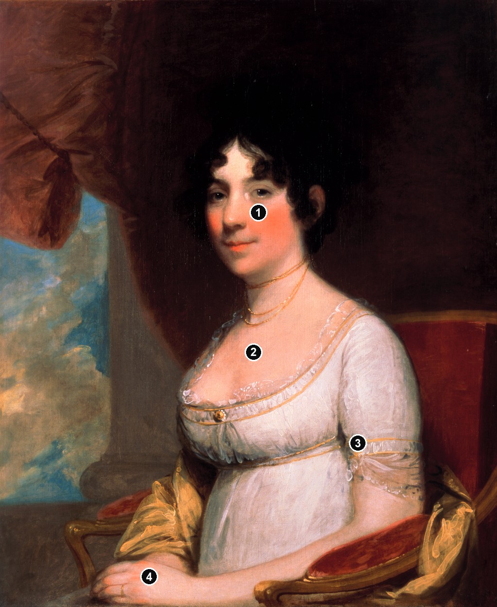 Annotated details from Dolley Madison by Gilbert Stuart